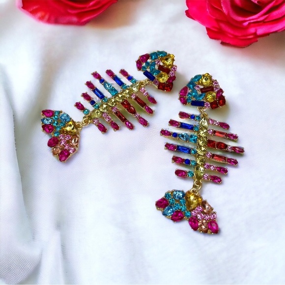 Bright Rainbow Rhinestone Earrings – Fishbone Dangles, Trendy Statement Jewelry - Picture 4 of 5